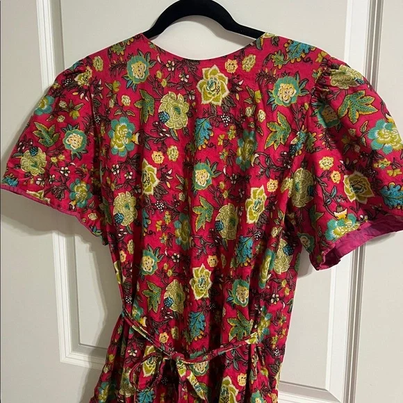 Sue Sartor medium or large Floral Red Dress with Tie Waist pink and green - Picture 4 of 6